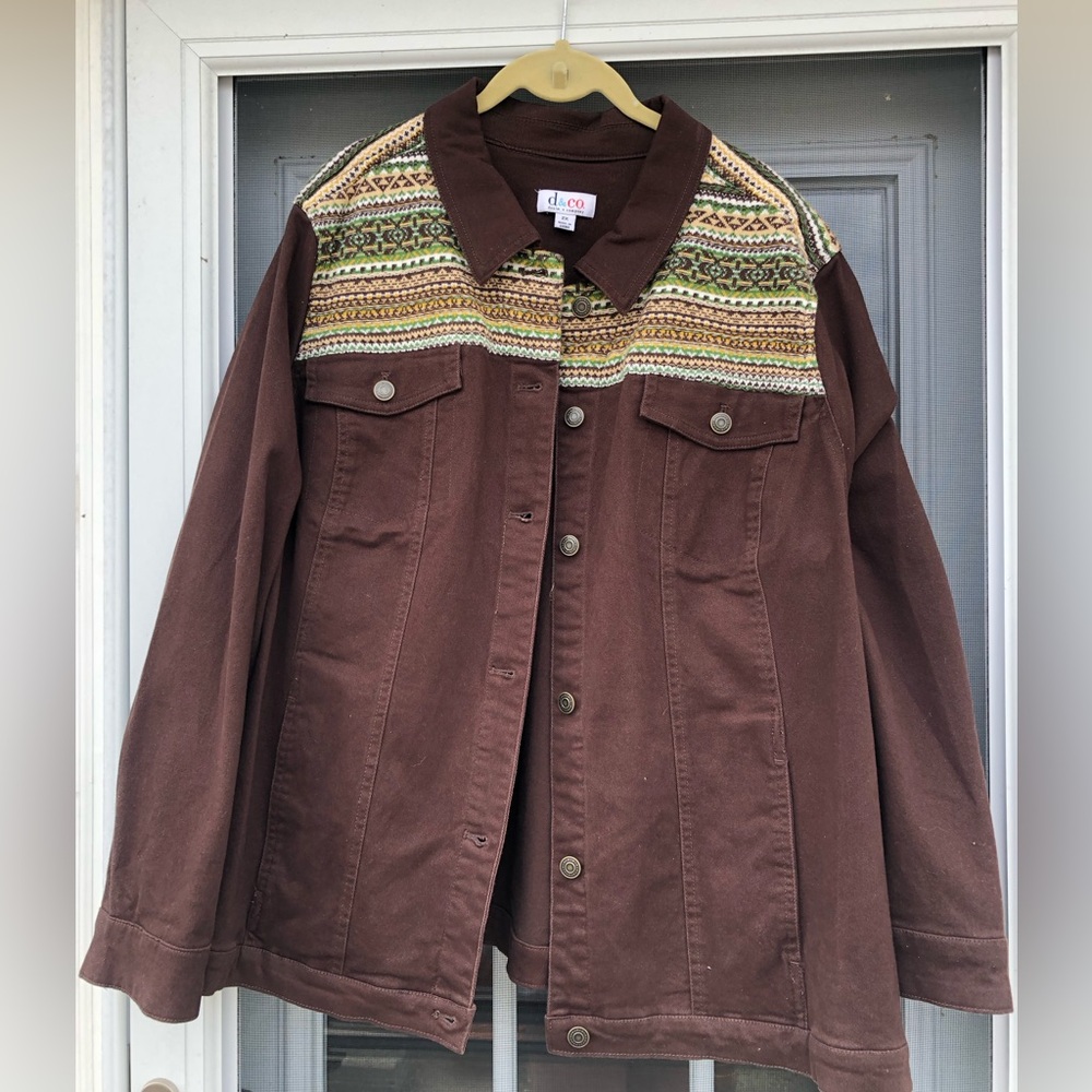 Denim&Co Brown Jean Jacket with Patterned Yoke